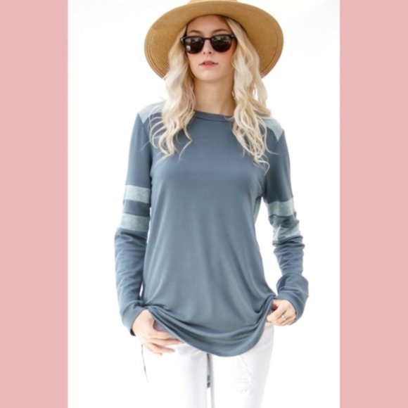 Long Stripe Sleeve Casual Top Blue/Teal High Low - Picture 4 of 9
